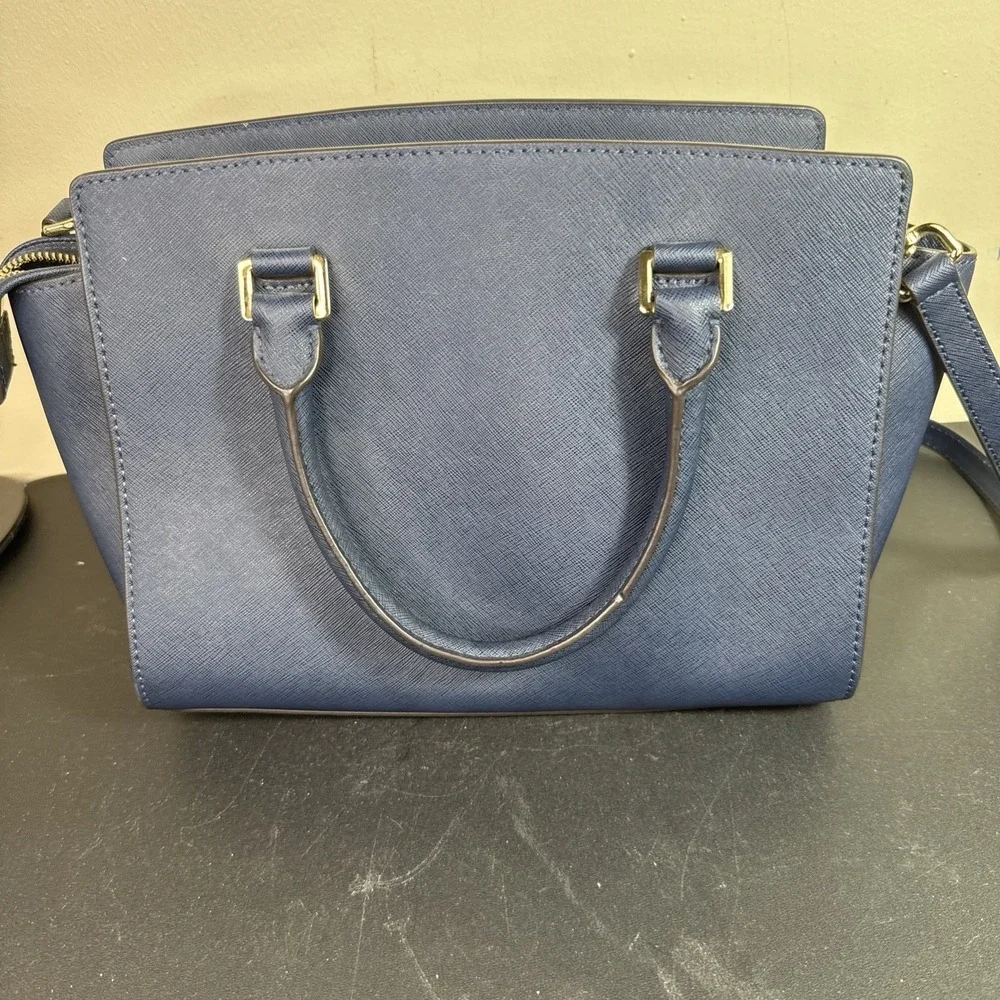 Michael Kors Jet Set Medium Saffiano Leather Satchel Navy Blue Gold Zip Tote
